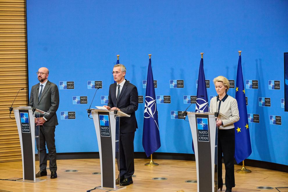 Joint press conference on Russia’s aggression against Ukraine by Jens Stoltenberg, Secretary-General of NATO, Charles Michel, President of the European Council and Ursula von der Leyen, President of the European Commission