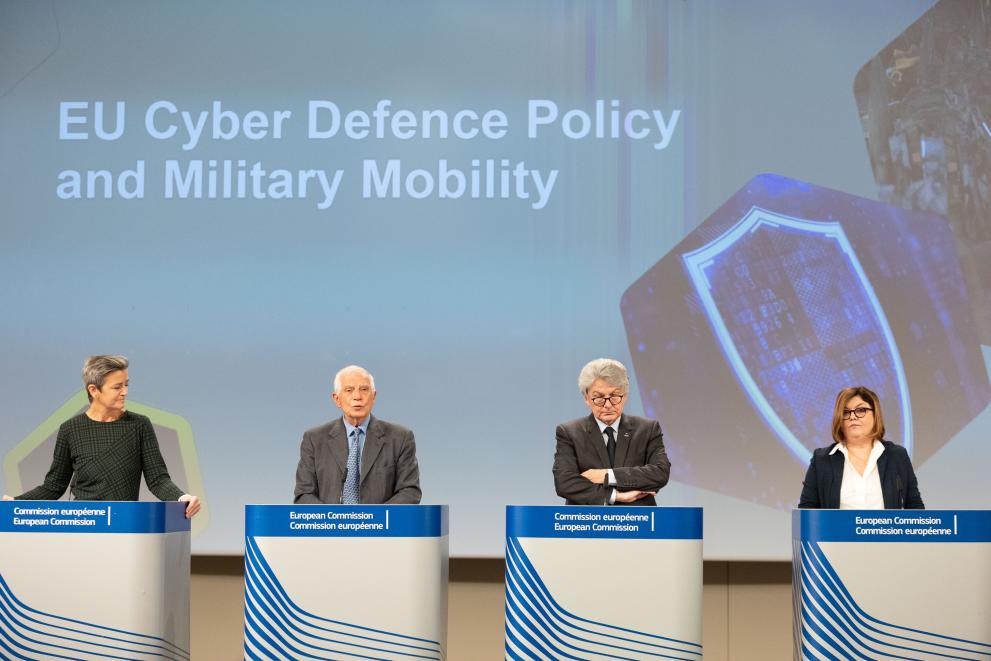 Press conference by Margrethe Vestager, Josep Borrell Fontelles, Adina Vălean, and Thierry Breton on the EU’s cyber defence policy and military mobility